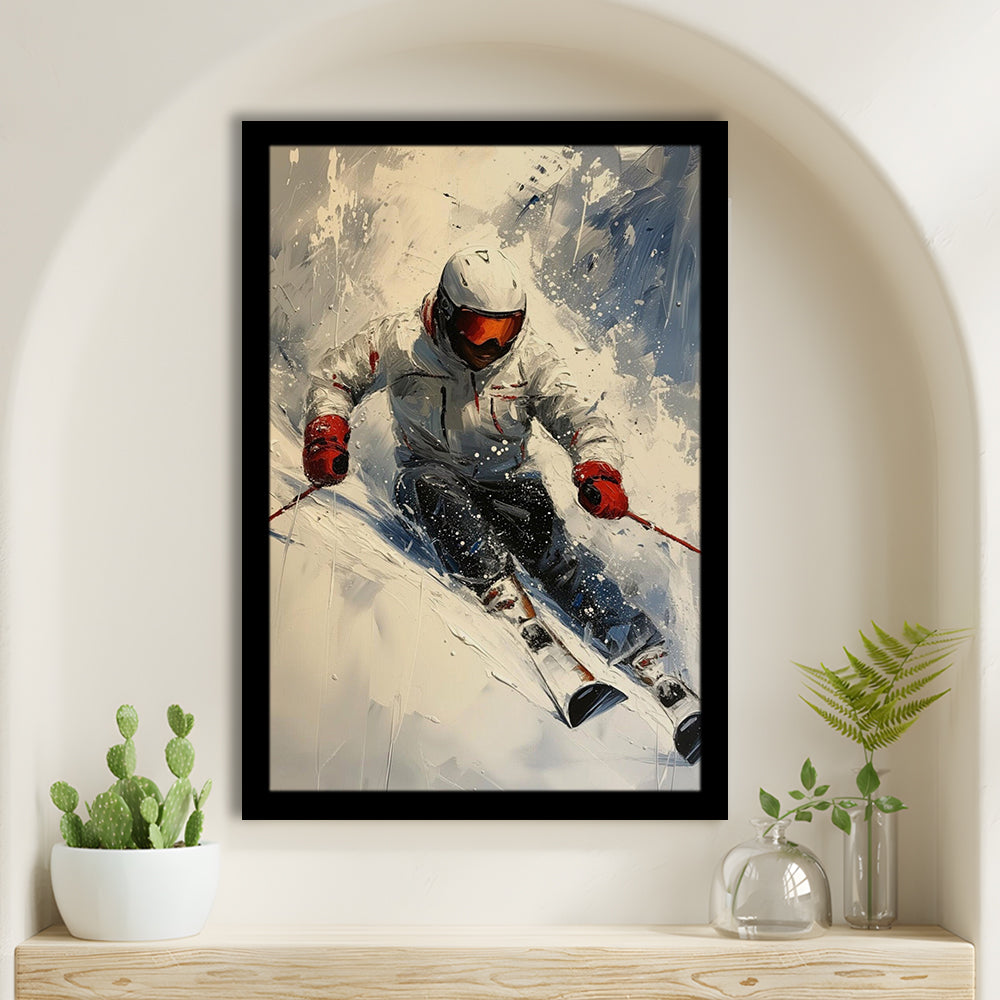 Skier On Slope, Skiing Abstract Colorful Painting, Adventure Sports, Framed Art Print Wall Decor, Picture Framed
