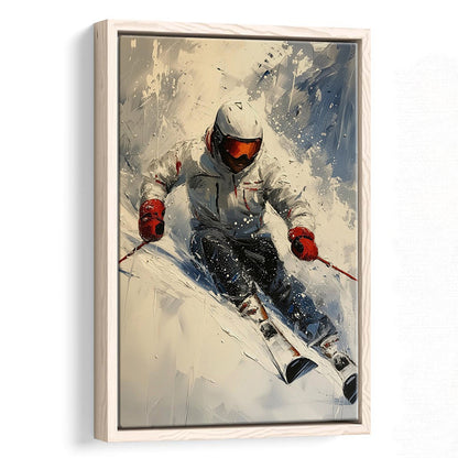 Skier On Slope, Skiing Abstract Colorful Painting, Adventure Sports, Framed Canvas Print Wall Art, Floating Frame