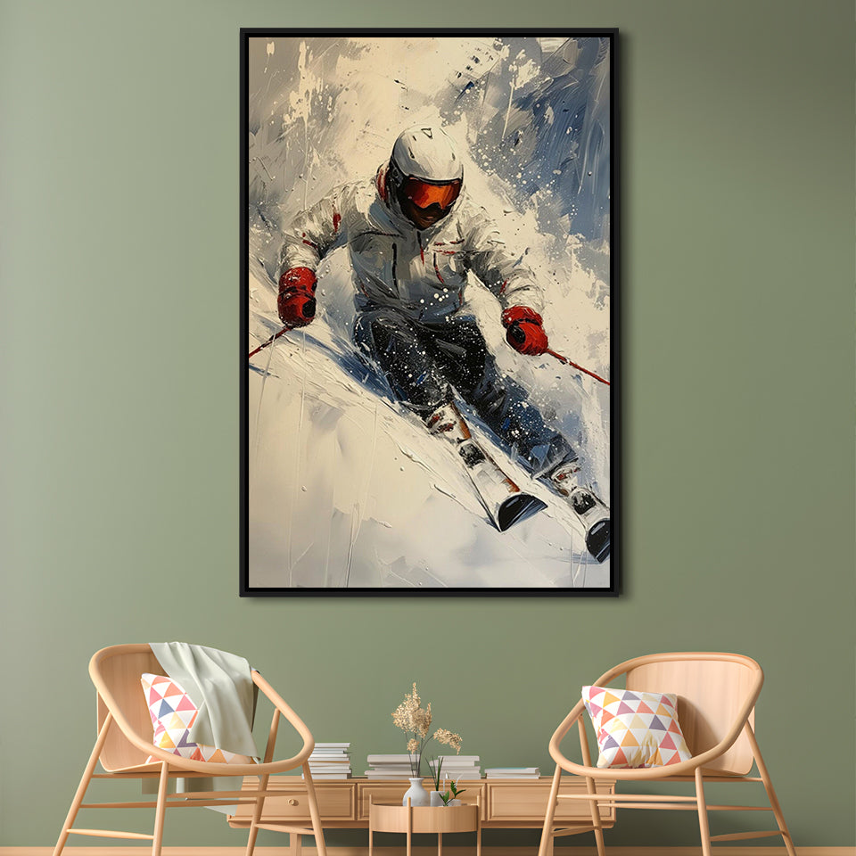 Skier On Slope, Skiing Abstract Colorful Painting, Adventure Sports, Framed Canvas Print Wall Art, Floating Frame