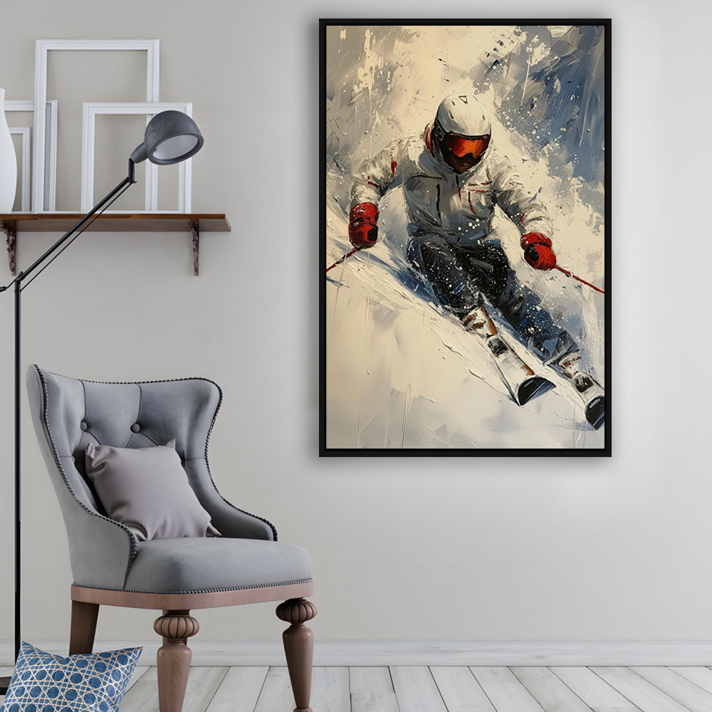 Skier On Slope, Skiing Abstract Colorful Painting, Adventure Sports, Framed Canvas Print Wall Art, Floating Frame
