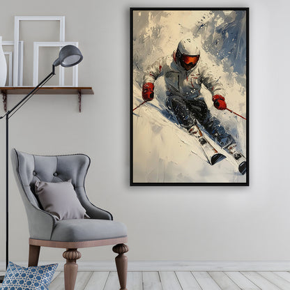 Skier On Slope, Skiing Abstract Colorful Painting, Adventure Sports, Framed Canvas Print Wall Art, Floating Frame