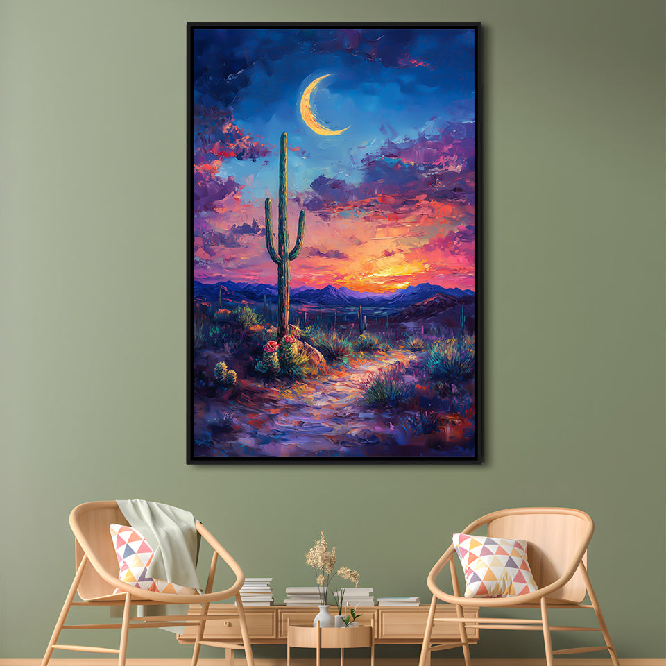 Sky Cactus Oil Painting Melancholy Pastel Clouds, Floating Framed Canvas Art Print,, Framed Canvas Prints Wall Art