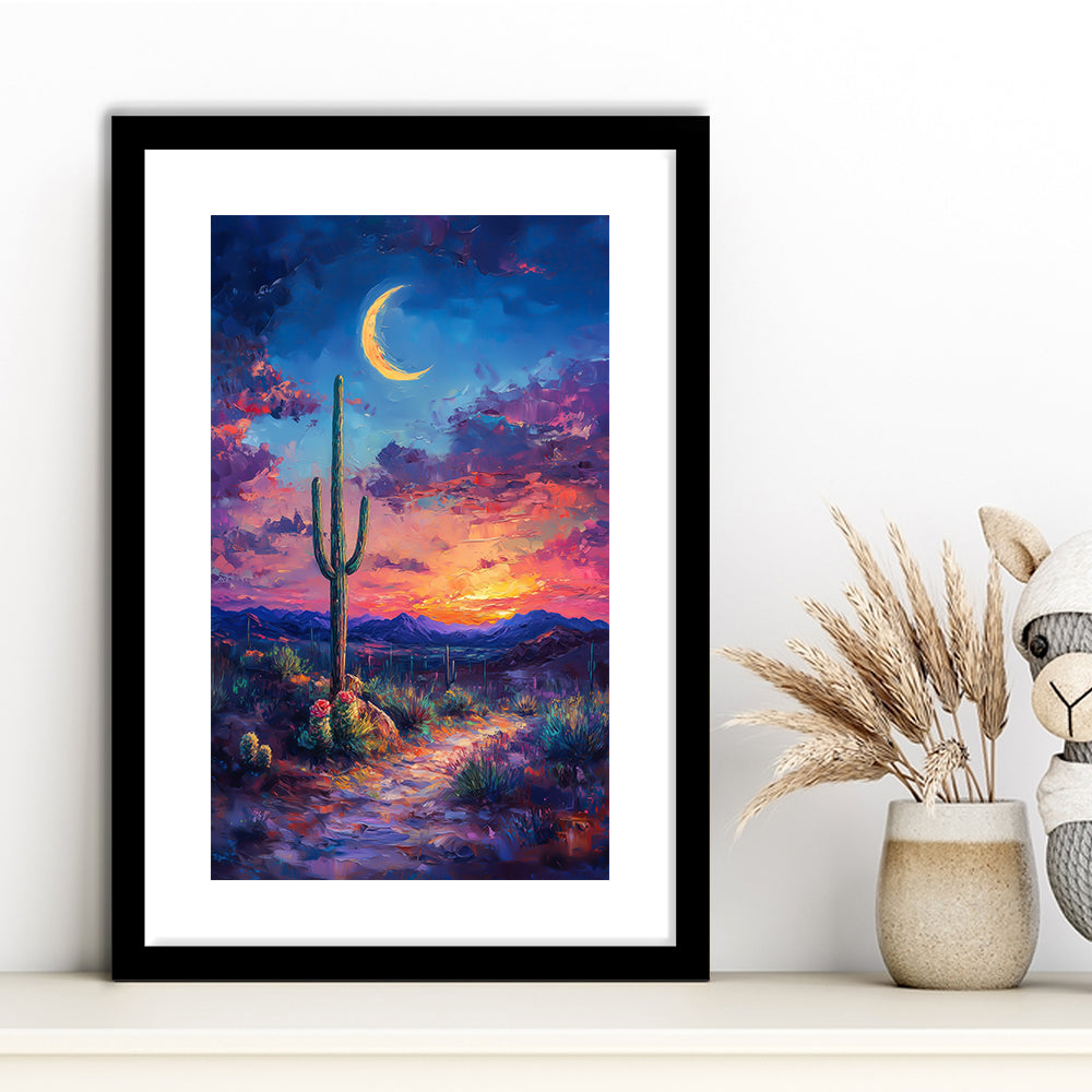 Sky Cactus Oil Painting Melancholy Pastel Clouds, Framed Picture Print, Framed Art Prints White Border Wall Decor