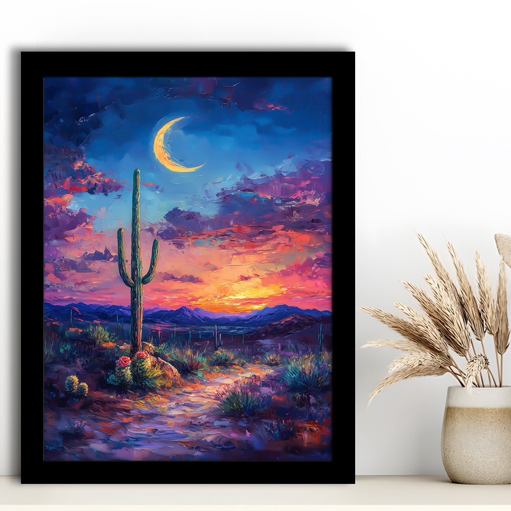 Sky Cactus Oil Painting Melancholy Pastel Clouds, Framed Picture Print,, Framed Art Prints Wall Decor