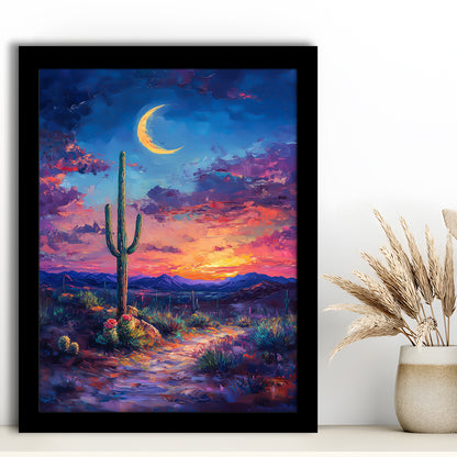 Sky Cactus Oil Painting Melancholy Pastel Clouds, Framed Picture Print,, Framed Art Prints Wall Decor