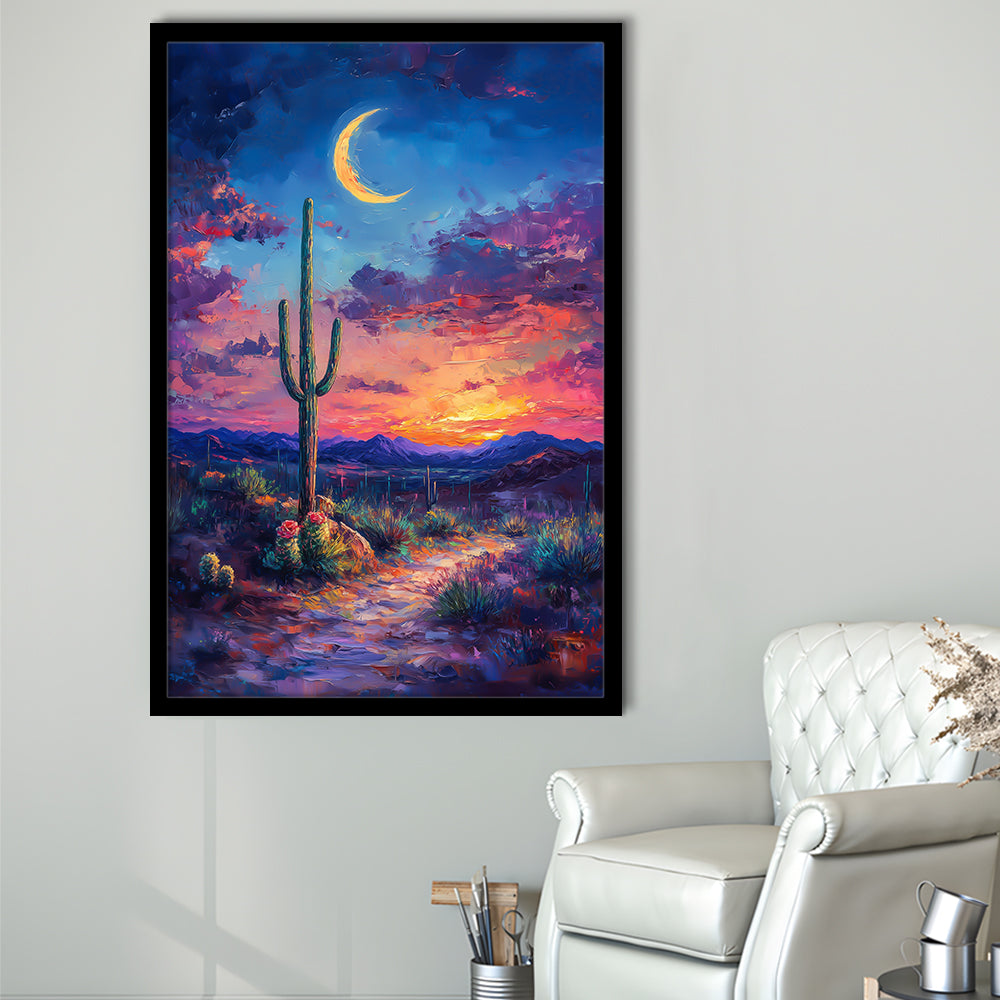 Sky Cactus Oil Painting Melancholy Pastel Clouds, Framed Picture Print,, Framed Art Prints Wall Decor