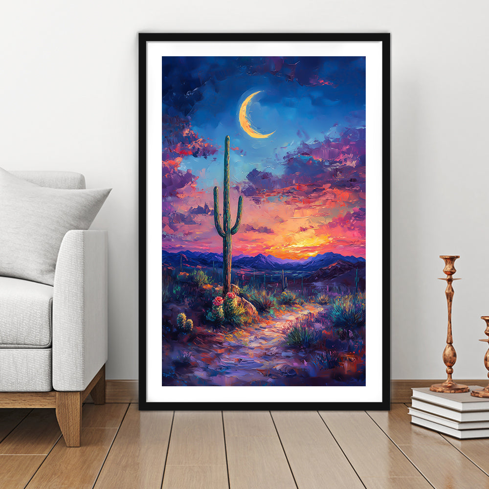 Sky Cactus Oil Painting Melancholy Pastel Clouds, Framed Picture Print, Framed Art Prints White Border Wall Decor