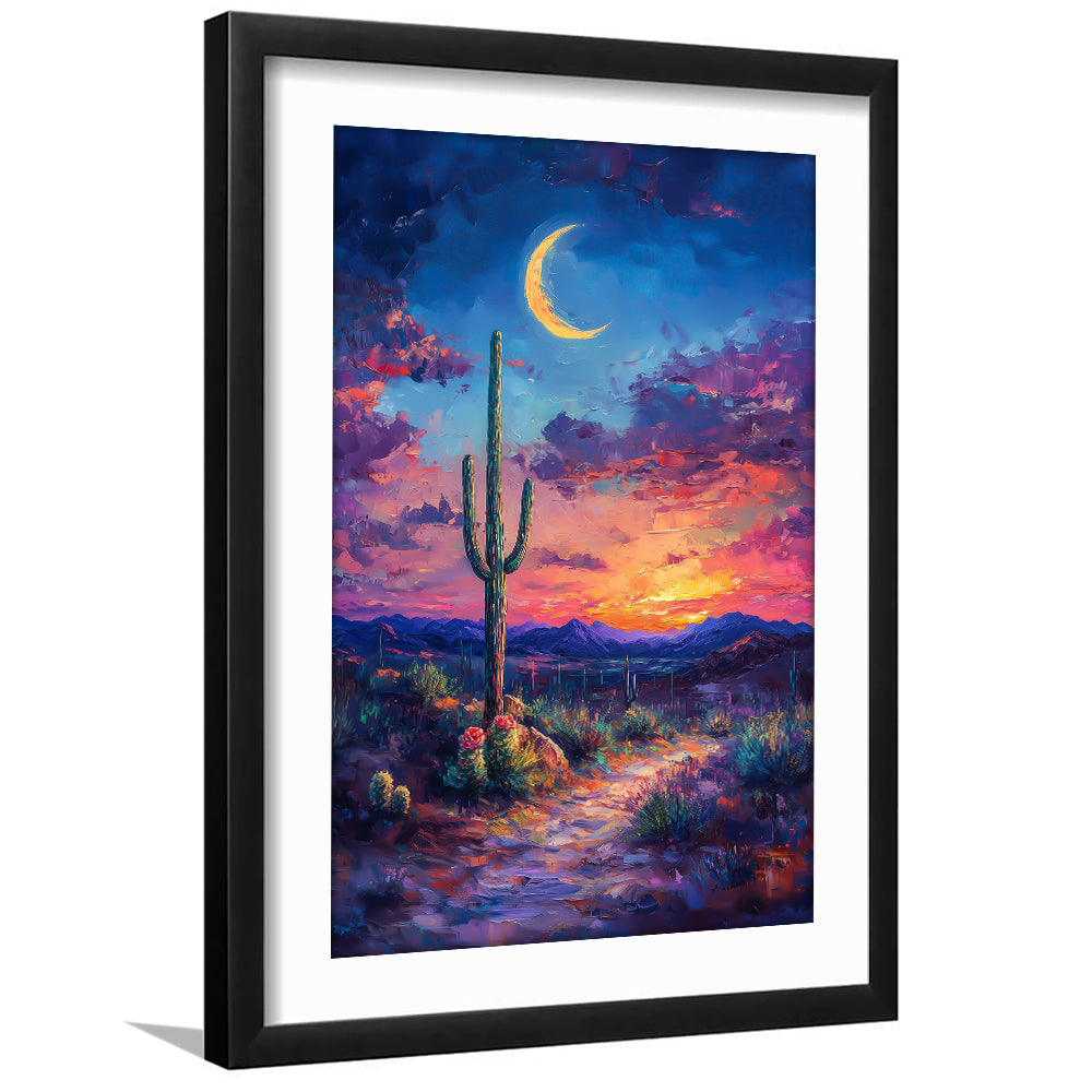 Sky Cactus Oil Painting Melancholy Pastel Clouds, Framed Picture Print, Framed Art Prints White Border Wall Decor