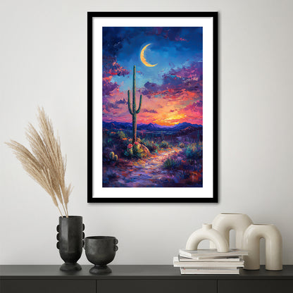Sky Cactus Oil Painting Melancholy Pastel Clouds, Framed Picture Print, Framed Art Prints White Border Wall Decor