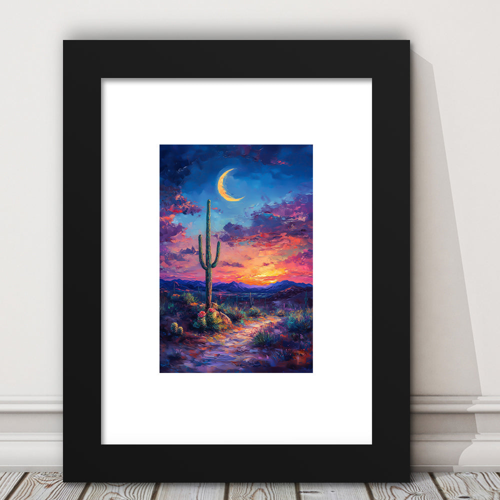 Sky Cactus Oil Painting Melancholy Pastel Clouds, Framed Picture Print, Framed Art Prints White Border Wall Decor