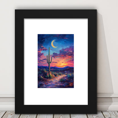 Sky Cactus Oil Painting Melancholy Pastel Clouds, Framed Picture Print, Framed Art Prints White Border Wall Decor
