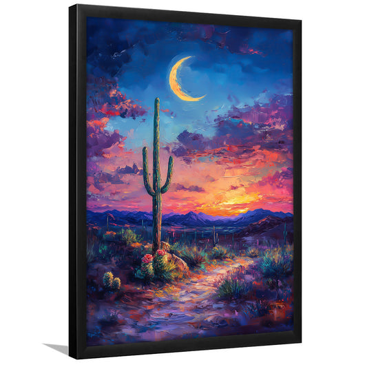 Sky Cactus Oil Painting Melancholy Pastel Clouds, Framed Picture Print,, Framed Art Prints Wall Decor