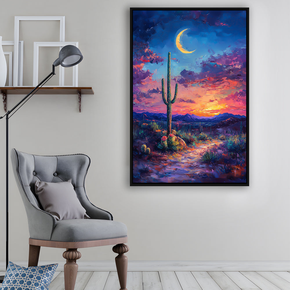 Sky Cactus Oil Painting Melancholy Pastel Clouds, Floating Framed Canvas Art Print,, Framed Canvas Prints Wall Art