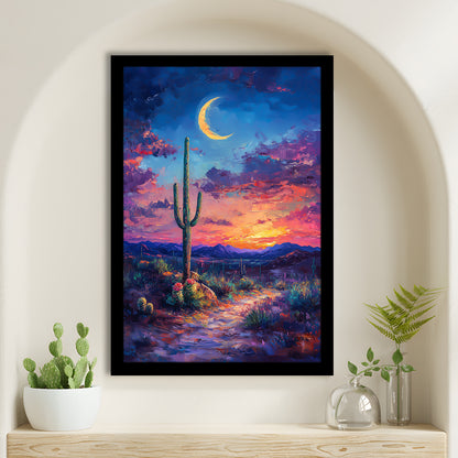 Sky Cactus Oil Painting Melancholy Pastel Clouds, Framed Picture Print,, Framed Art Prints Wall Decor