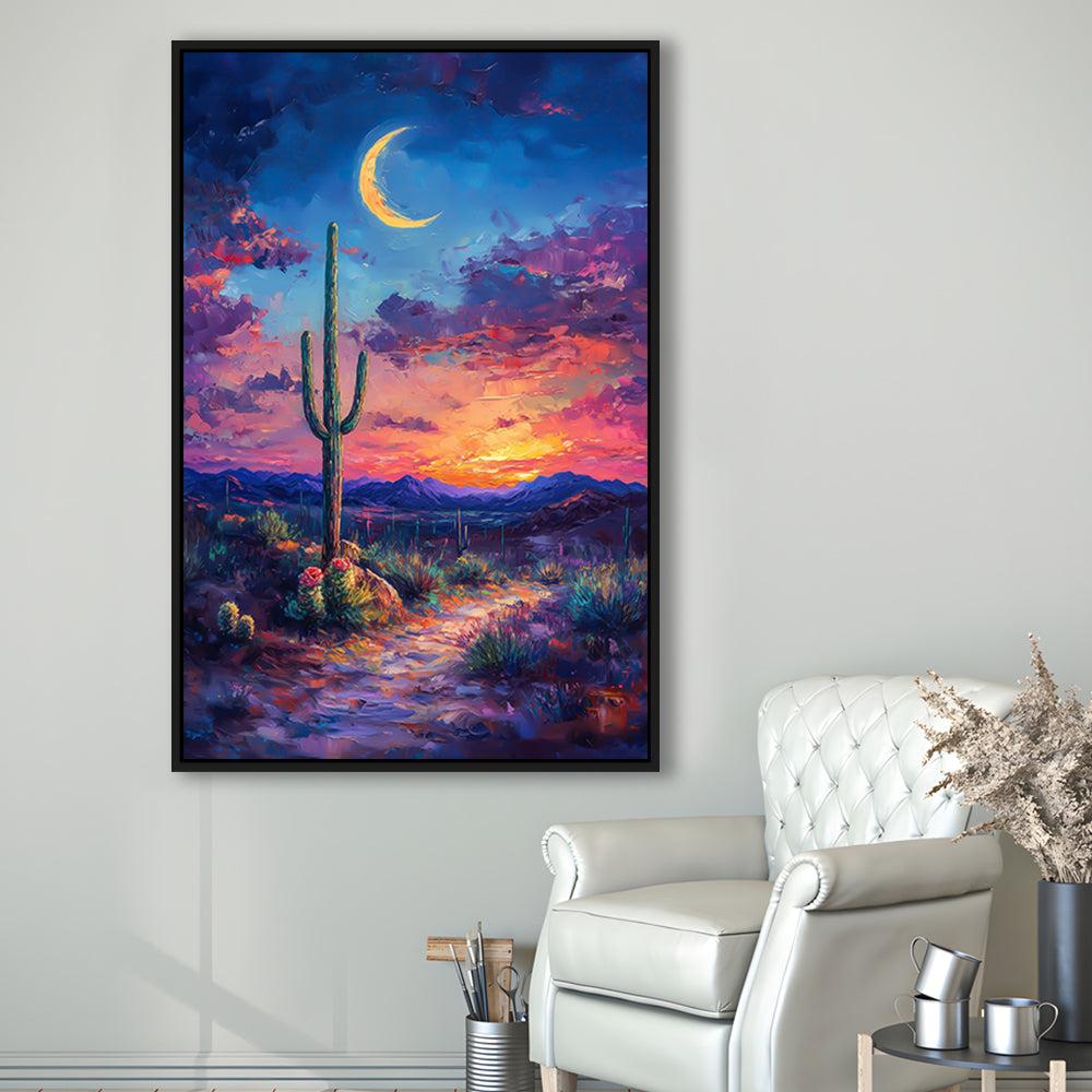 Sky Cactus Oil Painting Melancholy Pastel Clouds, Floating Framed Canvas Art Print,, Framed Canvas Prints Wall Art