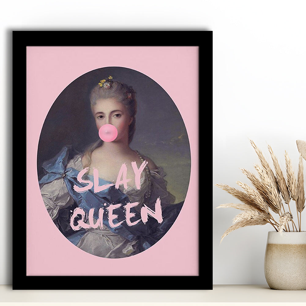 Slay Queen Altered Art Print Bubble Gum Pink Wall Art Vintage Portrait, Framed Art Prints Wall Decor
