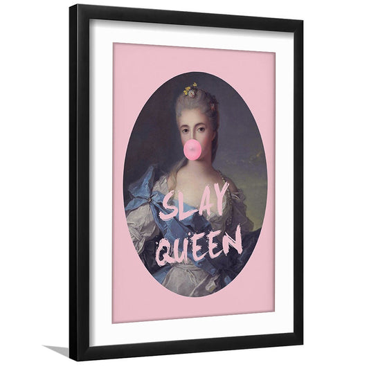 Slay Queen Altered Art Print Bubble Gum Pink Wall Art Vintage Portrait, Framed Art Prints White Border Wall Decor