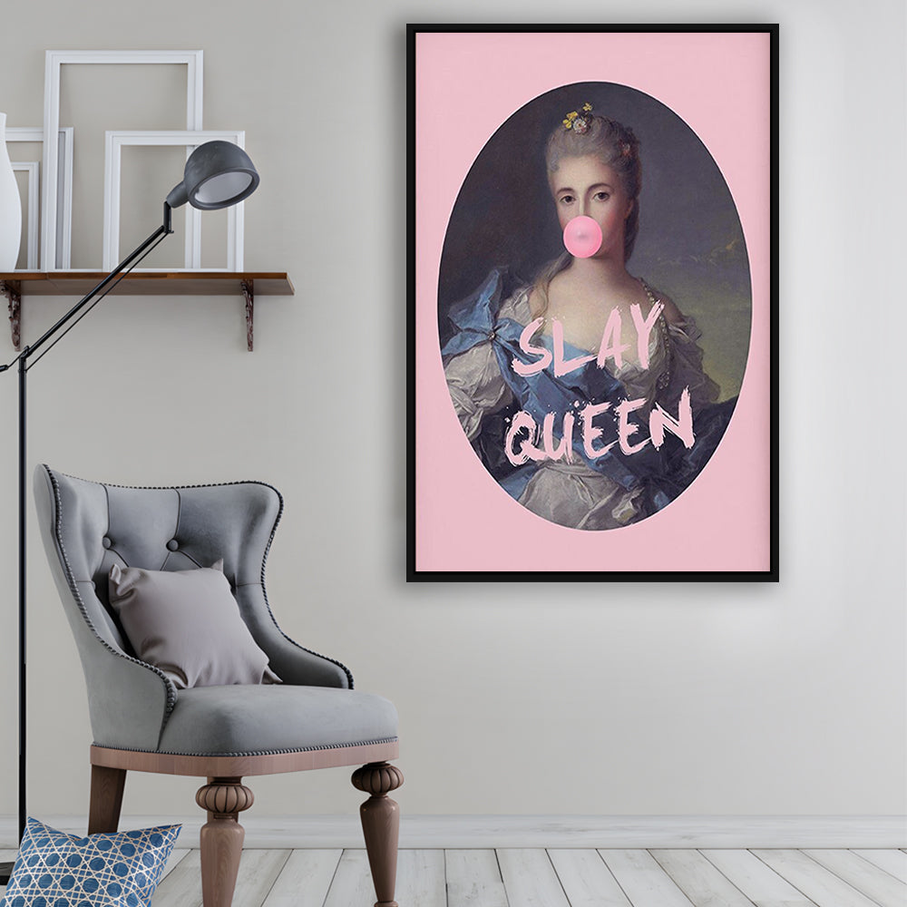Slay Queen Altered Art Print Bubble Gum Pink Wall Art Vintage Portrait, Framed Canvas Prints Wall Art