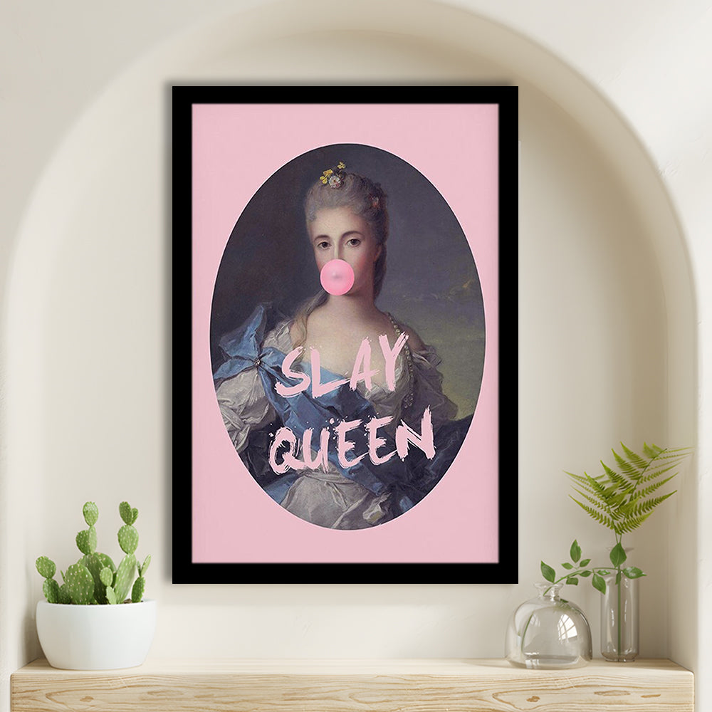 Slay Queen Altered Art Print Bubble Gum Pink Wall Art Vintage Portrait, Framed Art Prints Wall Decor
