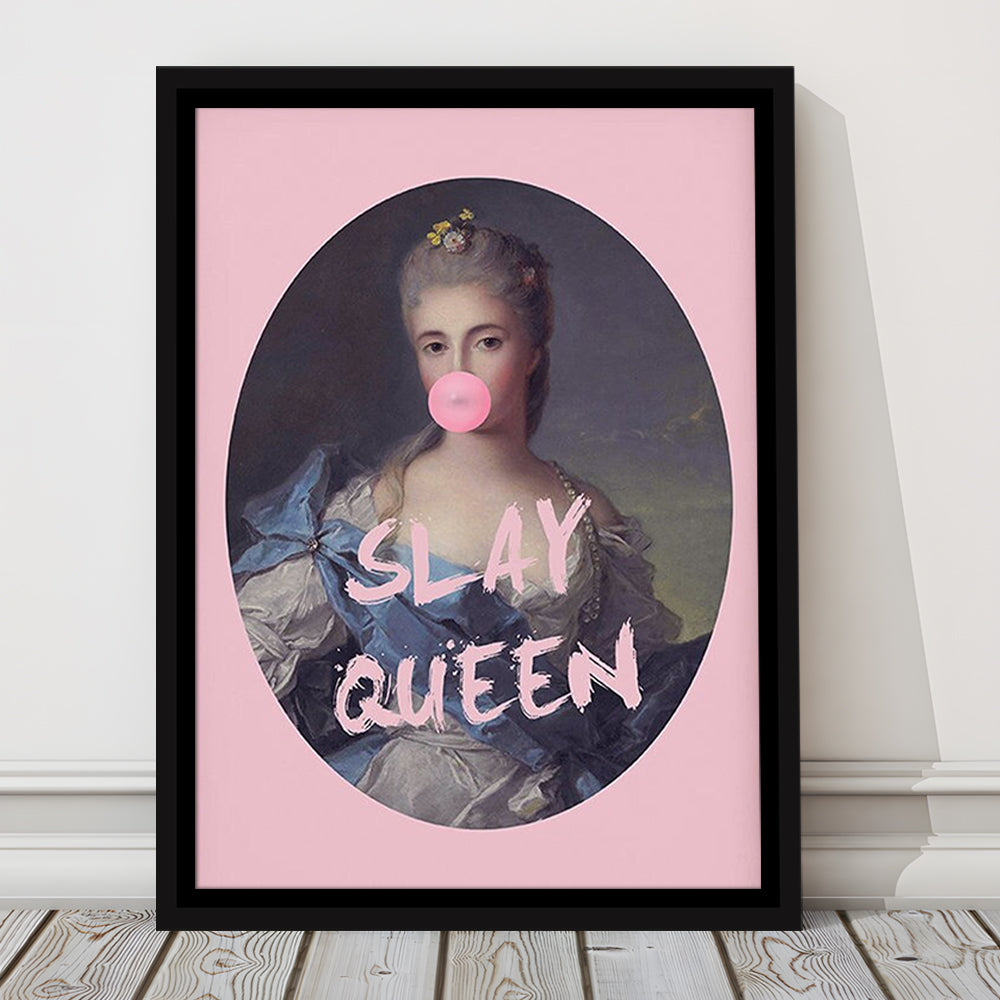 Slay Queen Altered Art Print Bubble Gum Pink Wall Art Vintage Portrait, Framed Canvas Prints Wall Art