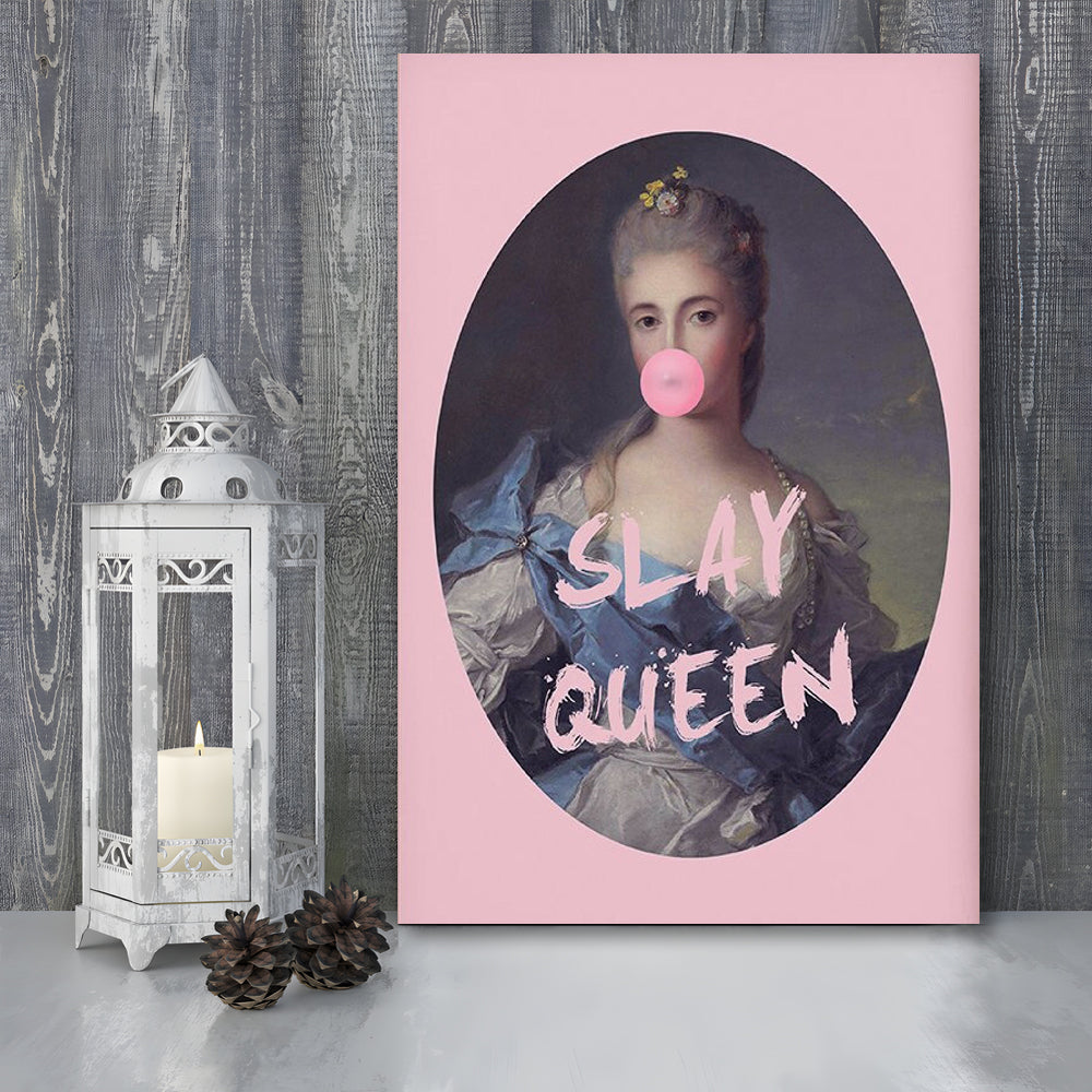 Slay Queen Altered Art Print Bubble Gum Pink Wall Art Vintage Portrait, Canvas Prints Wall Art