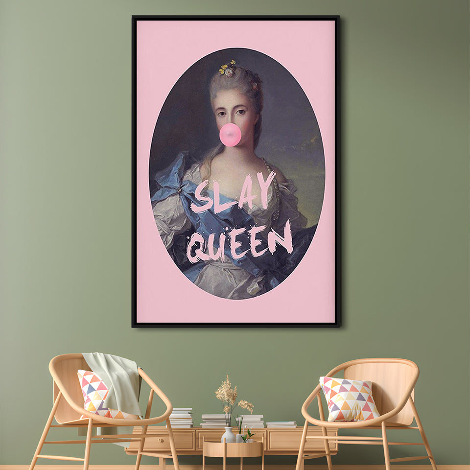 Slay Queen Altered Art Print Bubble Gum Pink Wall Art Vintage Portrait, Framed Canvas Prints Wall Art