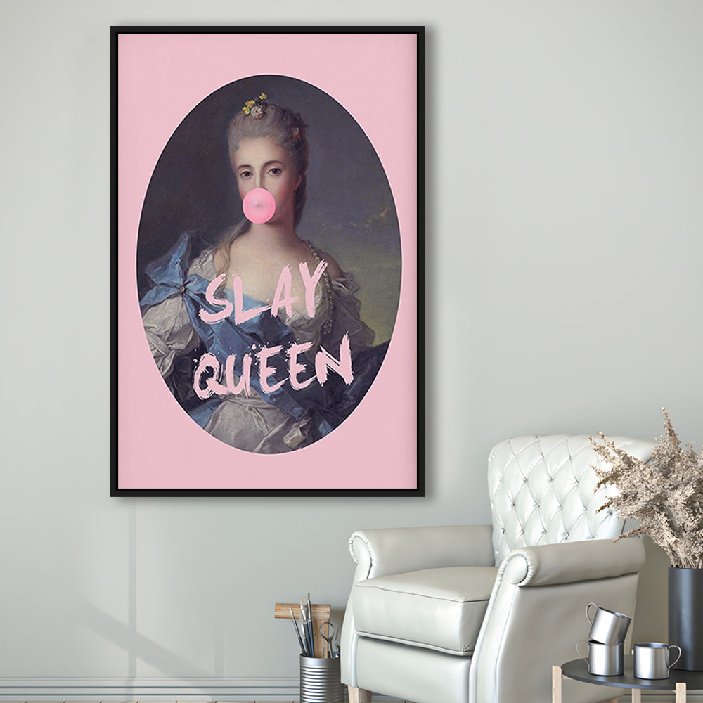 Slay Queen Altered Art Print Bubble Gum Pink Wall Art Vintage Portrait, Framed Canvas Prints Wall Art