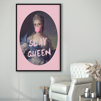 Slay Queen Altered Art Print Bubble Gum Pink Wall Art Vintage Portrait, Framed Canvas Prints Wall Art