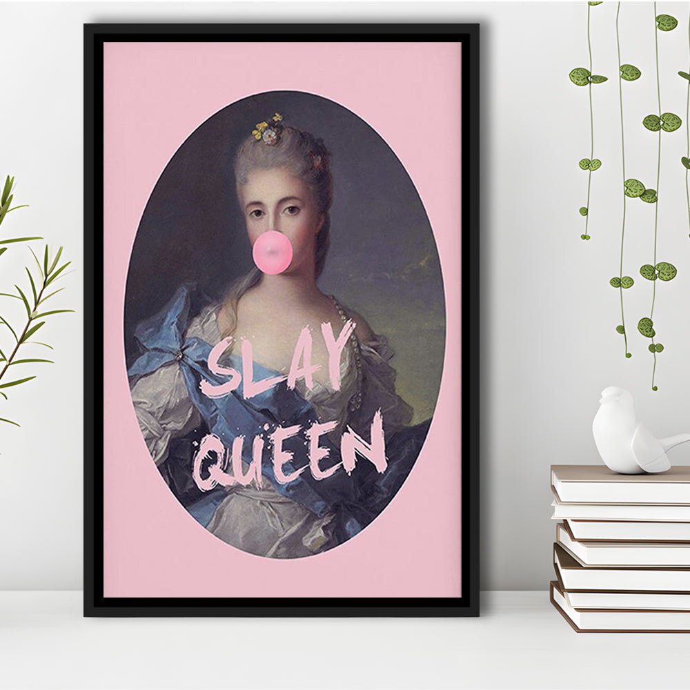 Slay Queen Altered Art Print Bubble Gum Pink Wall Art Vintage Portrait, Framed Canvas Prints Wall Art
