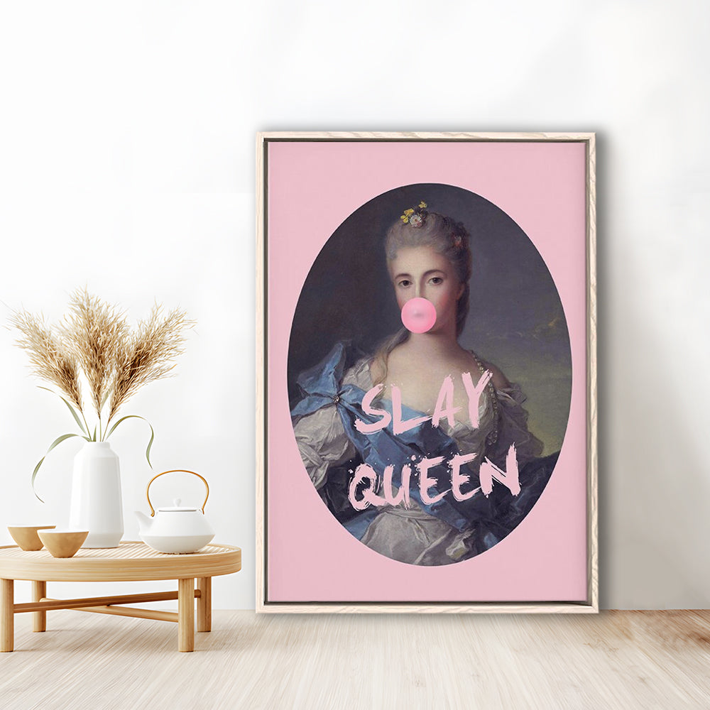 Slay Queen Altered Art Print Bubble Gum Pink Wall Art Vintage Portrait, Framed Canvas Prints Wall Art