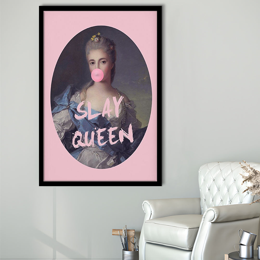 Slay Queen Altered Art Print Bubble Gum Pink Wall Art Vintage Portrait, Framed Art Prints Wall Decor