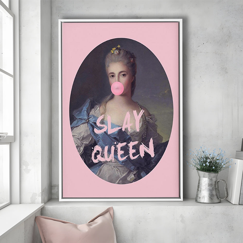 Slay Queen Altered Art Print Bubble Gum Pink Wall Art Vintage Portrait, Framed Canvas Prints Wall Art