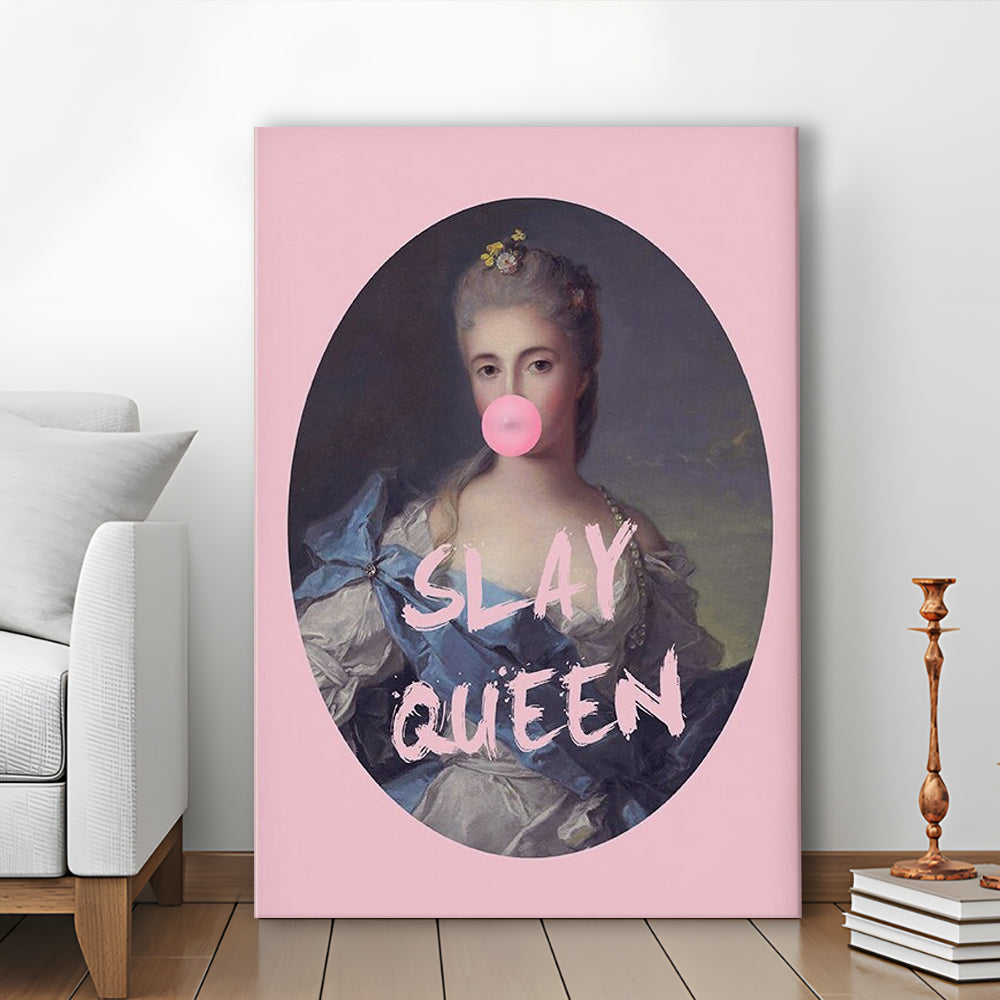Slay Queen Altered Art Print Bubble Gum Pink Wall Art Vintage Portrait, Canvas Prints Wall Art