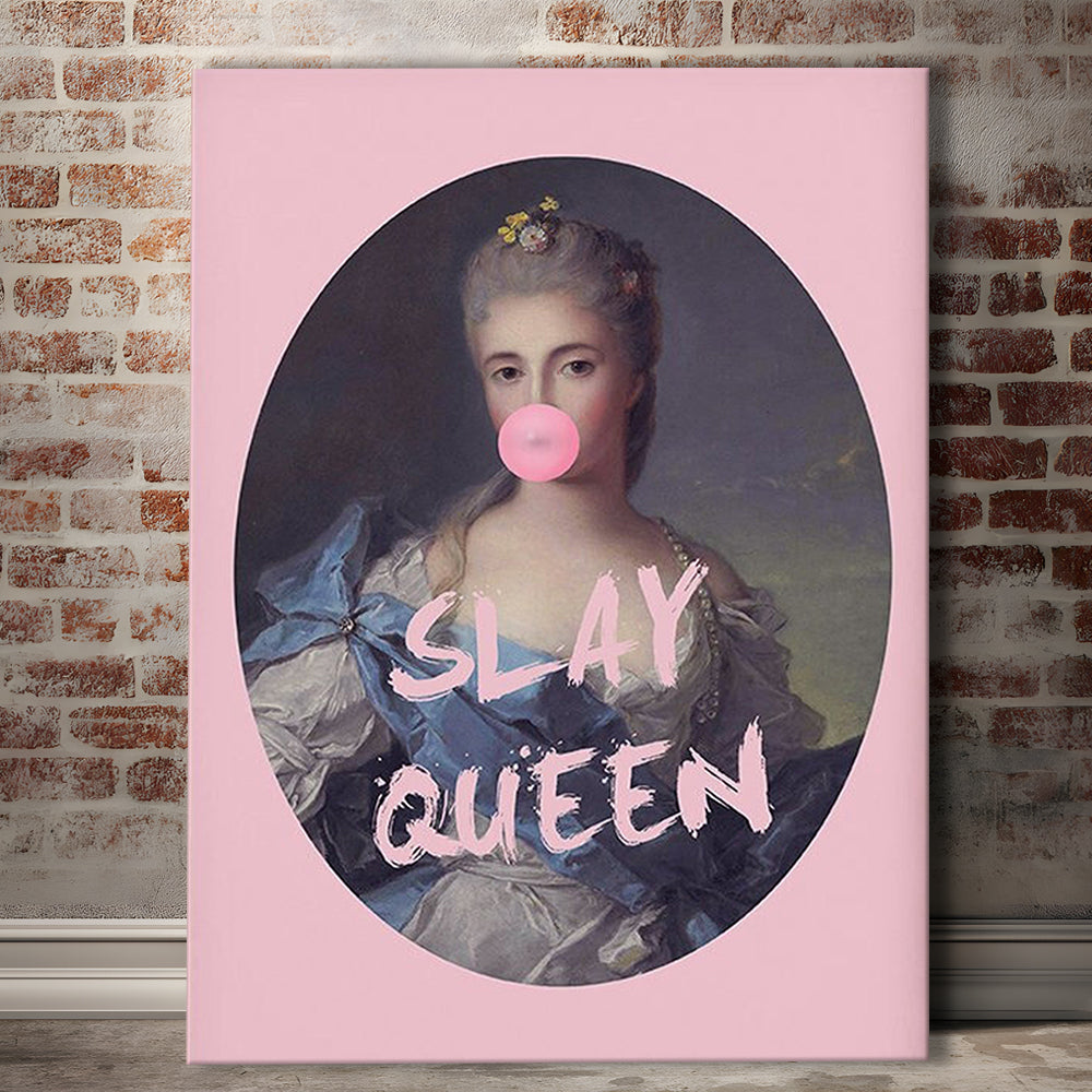 Slay Queen Altered Art Print Bubble Gum Pink Wall Art Vintage Portrait, Canvas Prints Wall Art