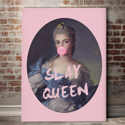 Slay Queen Altered Art Print Bubble Gum Pink Wall Art Vintage Portrait, Canvas Prints Wall Art