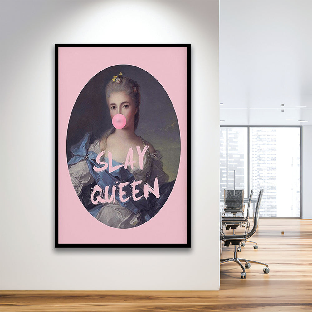 Slay Queen Altered Art Print Bubble Gum Pink Wall Art Vintage Portrait, Framed Art Prints Wall Decor