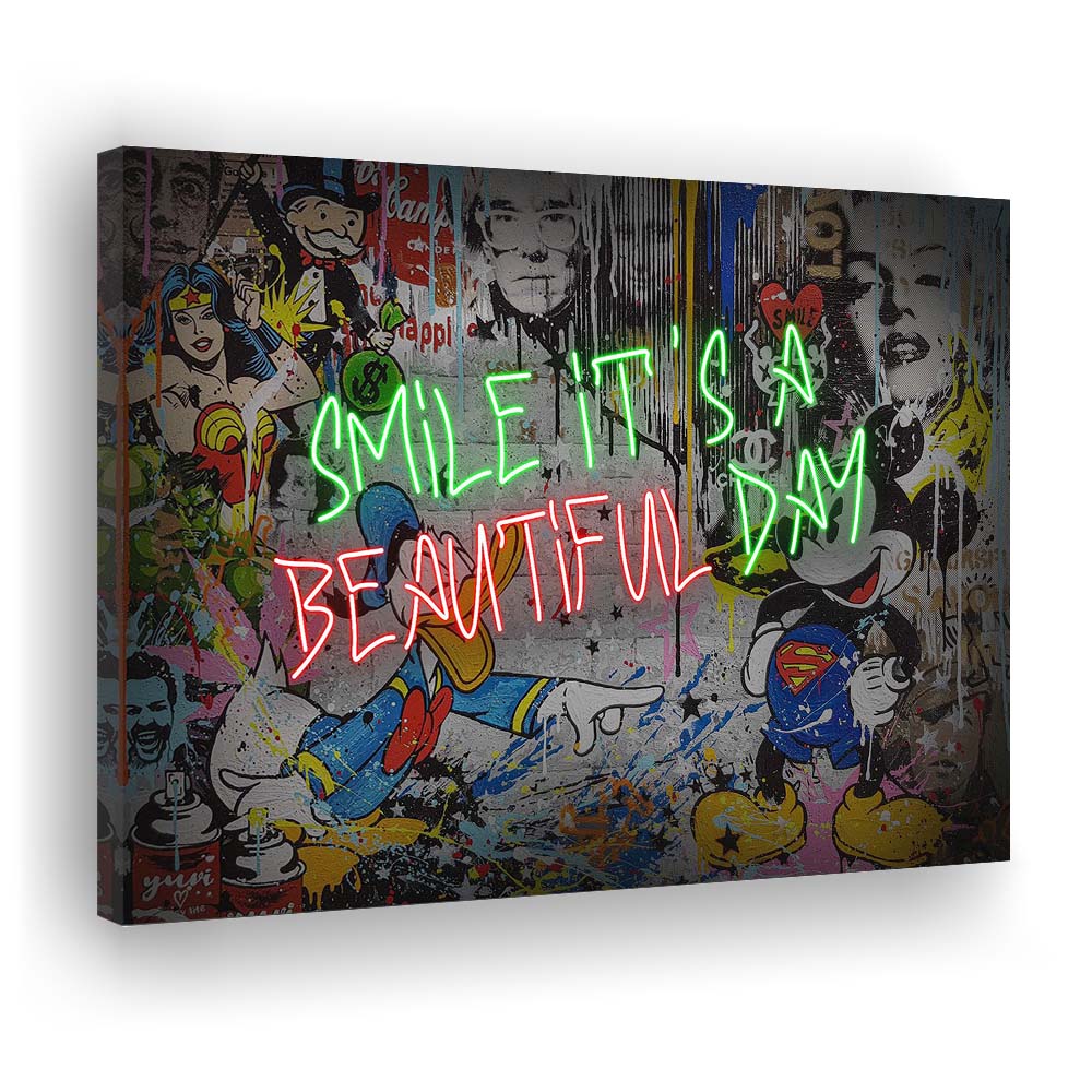 Smile, It'S A Beautiful Day Art Print, Canvas Print Wall Art, Wall Decor, Neon Effect Art