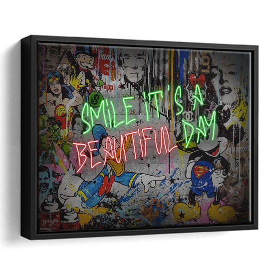 Smile, It'S A Beautiful Day Art Print, Framed Canvas Print Wall Art Decor, Floating Frame, Neon Effect Art