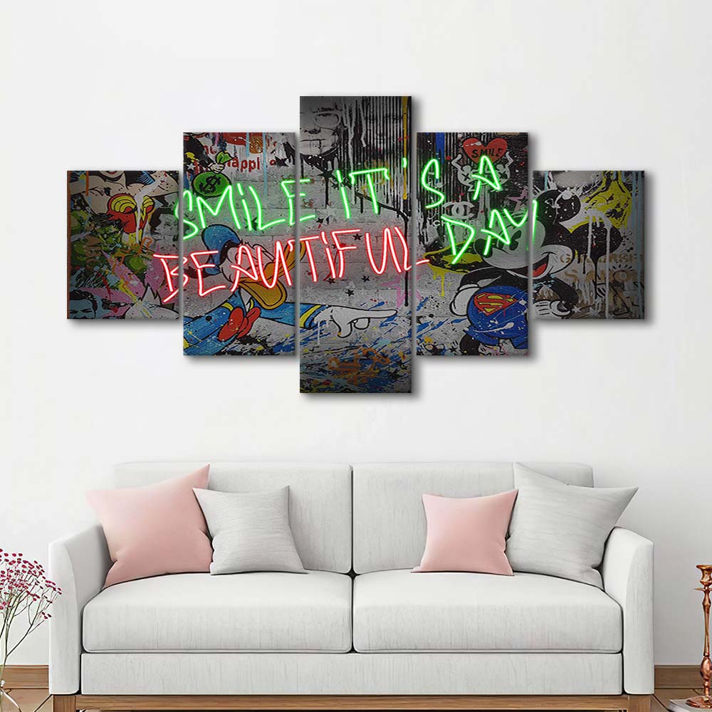 Smile, It'S A Beautiful Day Art Print, 5 Panel Mixed Canvas Print Wall Art, Home Decor, Neon Canvas