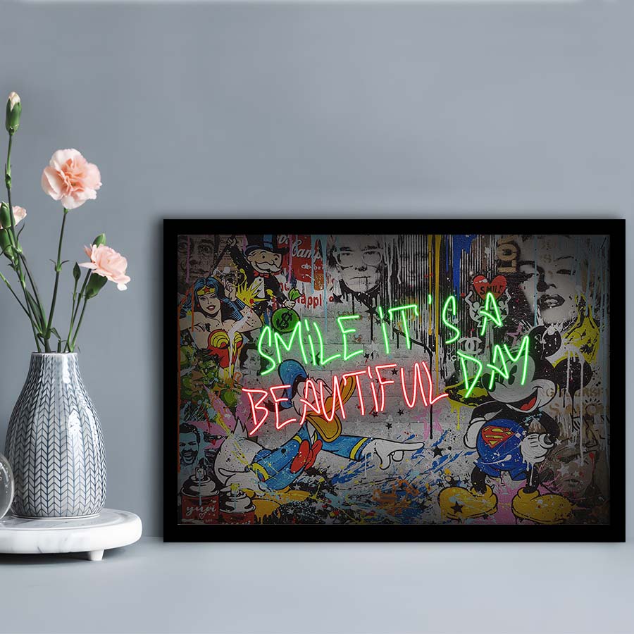 Smile, It'S A Beautiful Day Art Print, Framed Art Print Wall Decor, Neon Art Print, Picture Framed