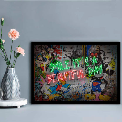 Smile, It'S A Beautiful Day Art Print, Framed Art Print Wall Decor, Neon Art Print, Picture Framed