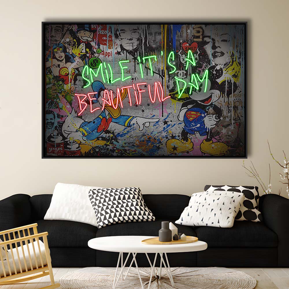 Smile, It'S A Beautiful Day Art Print, Framed Canvas Print Wall Art Decor, Floating Frame, Neon Effect Art