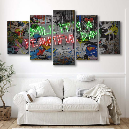 Smile, It'S A Beautiful Day Art Print, 5 Panel Mixed Canvas Print Wall Art, Home Decor, Neon Canvas