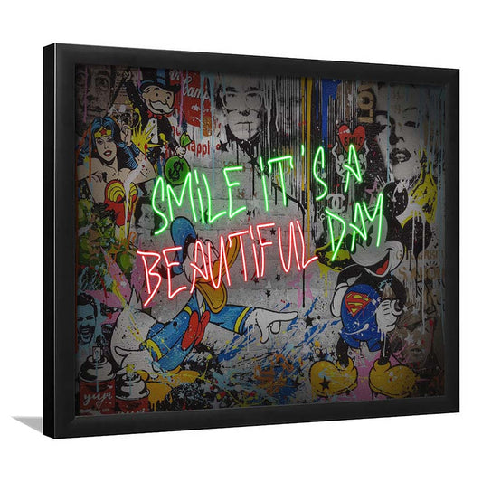 Smile, It'S A Beautiful Day Art Print, Framed Art Print Wall Decor, Neon Art Print, Picture Framed