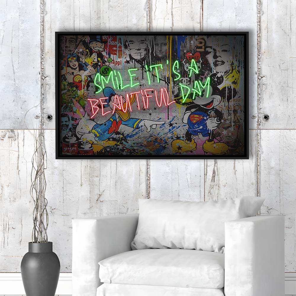Smile, It'S A Beautiful Day Art Print, Framed Canvas Print Wall Art Decor, Floating Frame, Neon Effect Art