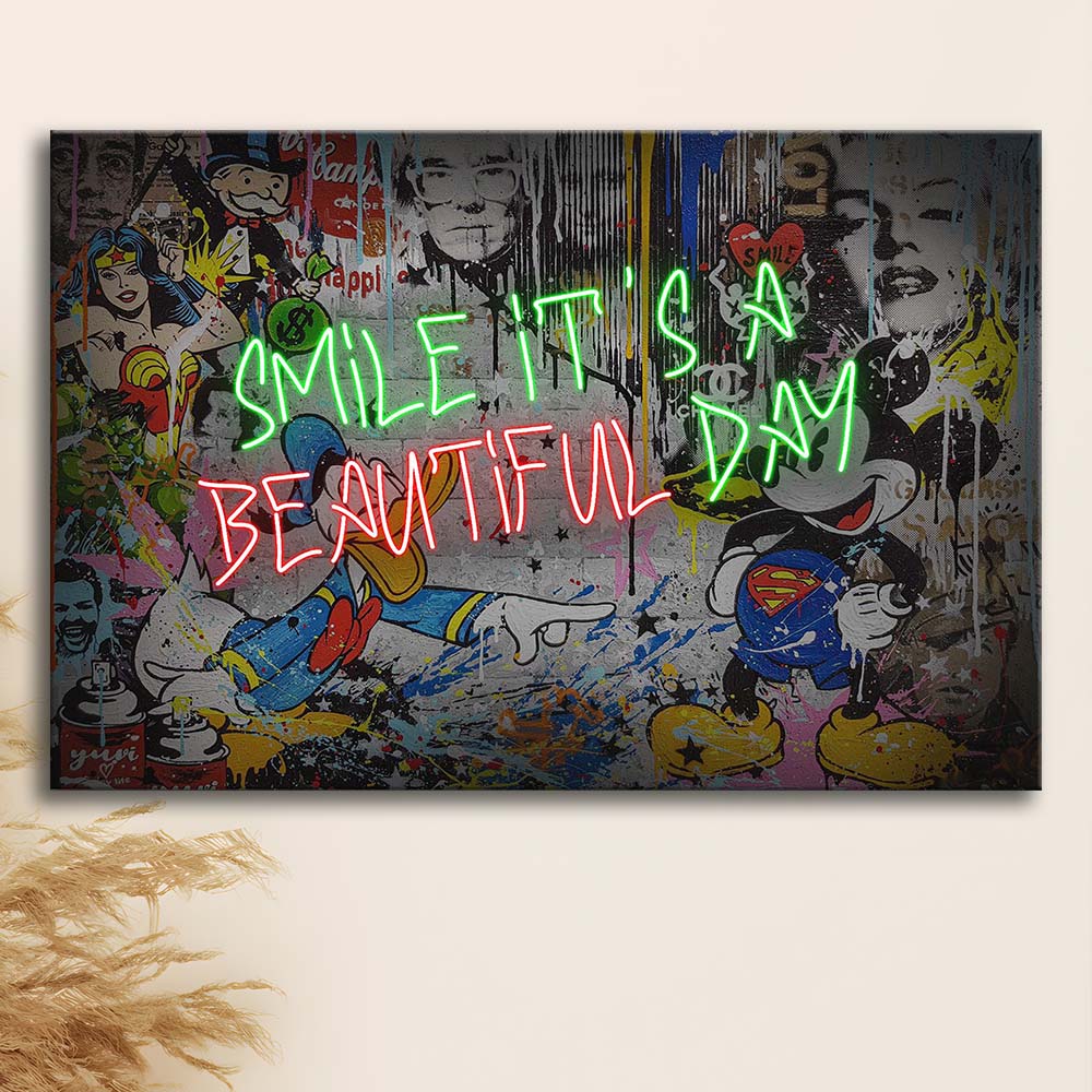 Smile, It'S A Beautiful Day Art Print, Canvas Print Wall Art, Wall Decor, Neon Effect Art