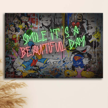 Smile, It'S A Beautiful Day Art Print, Canvas Print Wall Art, Wall Decor, Neon Effect Art