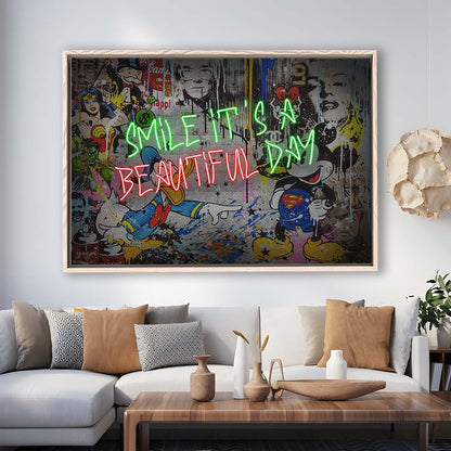 Smile, It'S A Beautiful Day Art Print, Framed Canvas Print Wall Art Decor, Floating Frame, Neon Effect Art