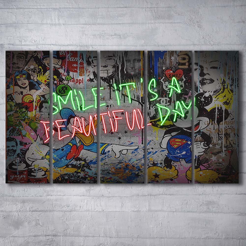 Smile, It'S A Beautiful Day Art Print, Extra Large 5 Panels Multi Canvas Print Wall Art, Home Decor