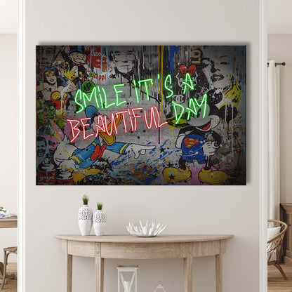 Smile, It'S A Beautiful Day Art Print, Canvas Print Wall Art, Wall Decor, Neon Effect Art